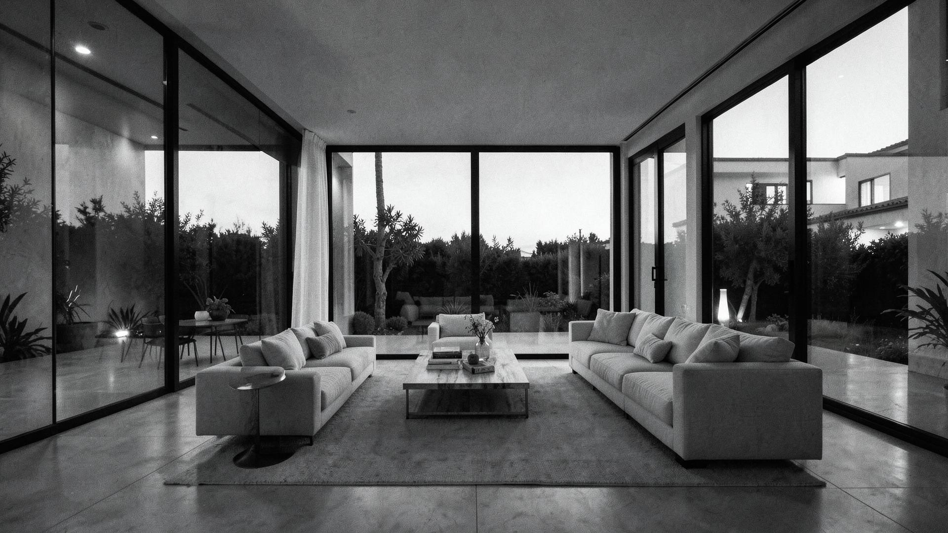 Salón de una vivienda exclusiva en blanco y negro